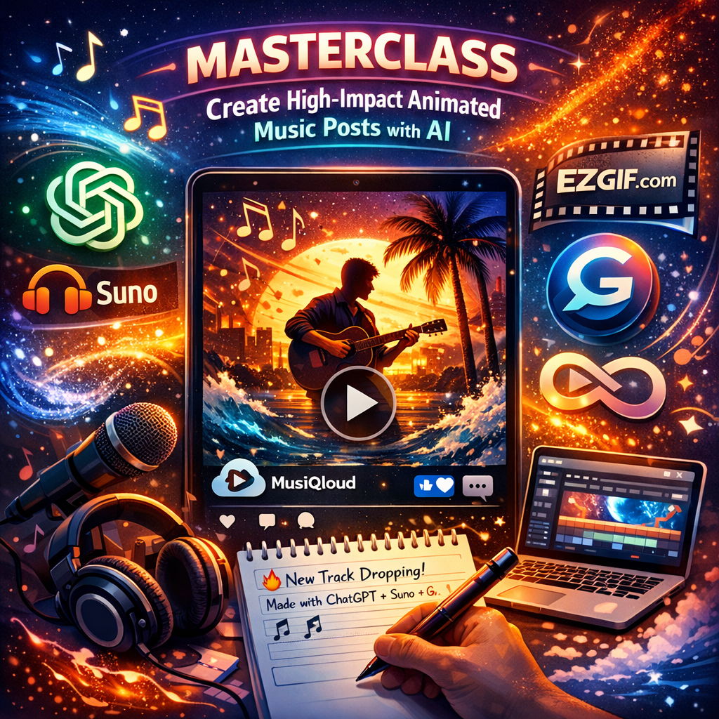 Square digital illustration promoting a masterclass on creating high-impact animated music posts with AI. Features glowing neon effects, musical notes, AI tool logos (ChatGPT, Suno, Grok, EZGIF), a guitarist with dynamic animation effects, a laptop with video editing interface, and a notepad with social media caption, conveying music, AI, animation, and social media engagement in a vibrant, professional style