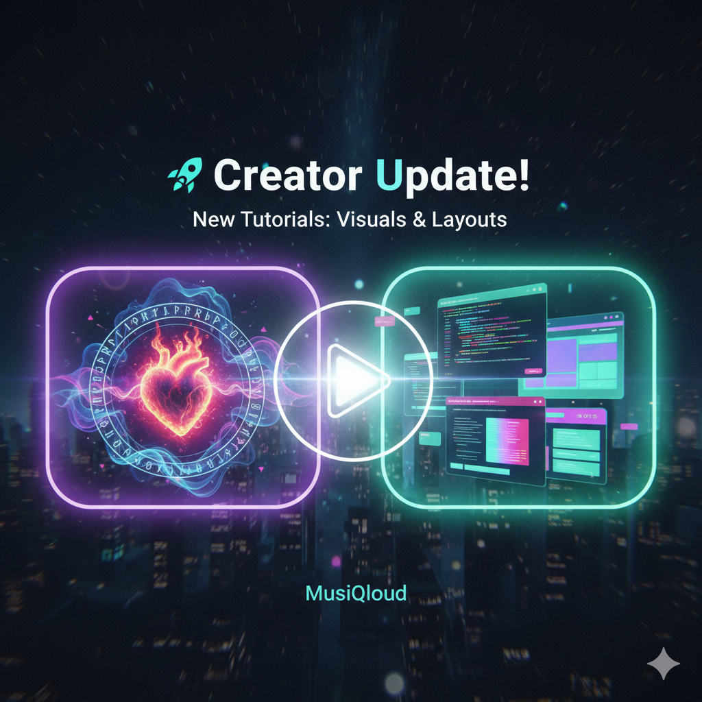 MusiQloud Creator Update banner featuring a futuristic interface displaying AI visual design and professional HTML forum layouts for AI music creators.