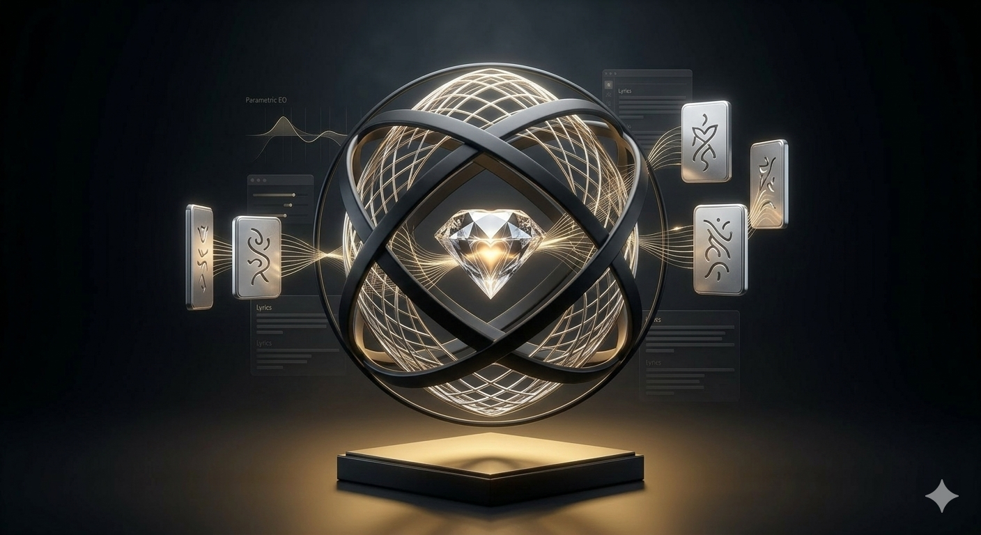 Abstract luxury 3D visualization of an obsidian sphere symbolizing professional AI music expertise.