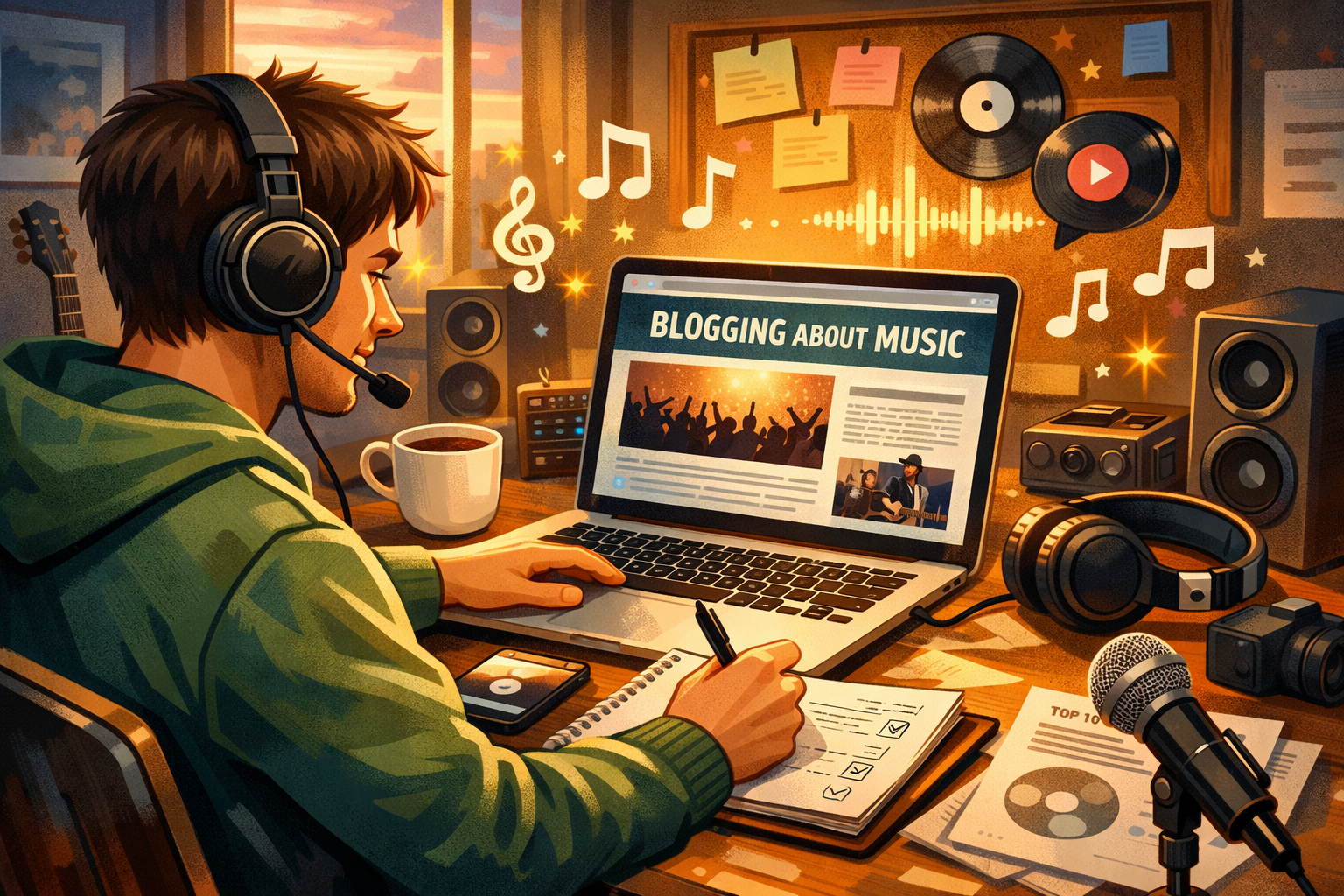 Digitale illustratie van een jonge muziekblogger die aan een bureau werkt met een laptop die 'Blogging About Music' weergeeft, omringd door koptelefoons, microfoon, koffie en muzikale iconen in een gezellige kamer met zonsondergang.