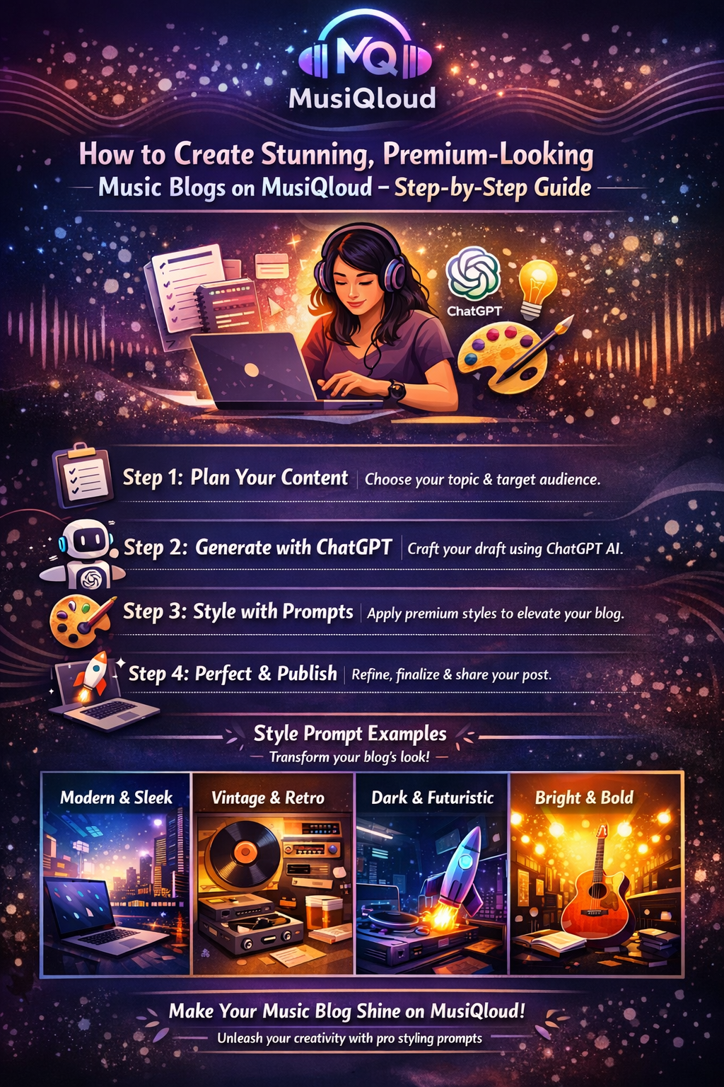 Step-by-step guide infographic showing how to create stunning, premium-looking music blogs on MusiQloud using ChatGPT, with style prompt examples like Modern & Sleek, Vintage & Retro, Dark & Futuristic, and Bright & Bold.