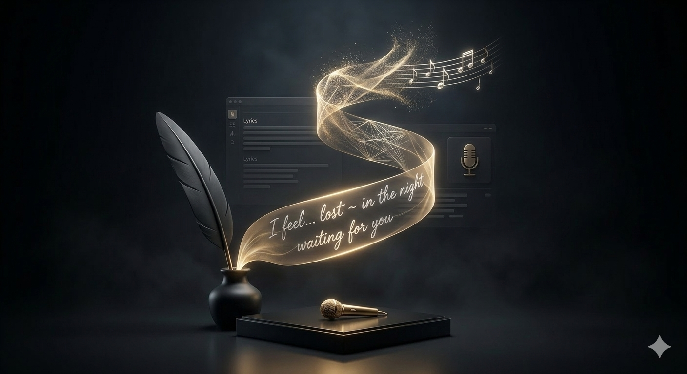 Abstract luxury 3D visualization of hand-written golden lyrics flowing from a black quill, dissolving into a floating platinum musical score.