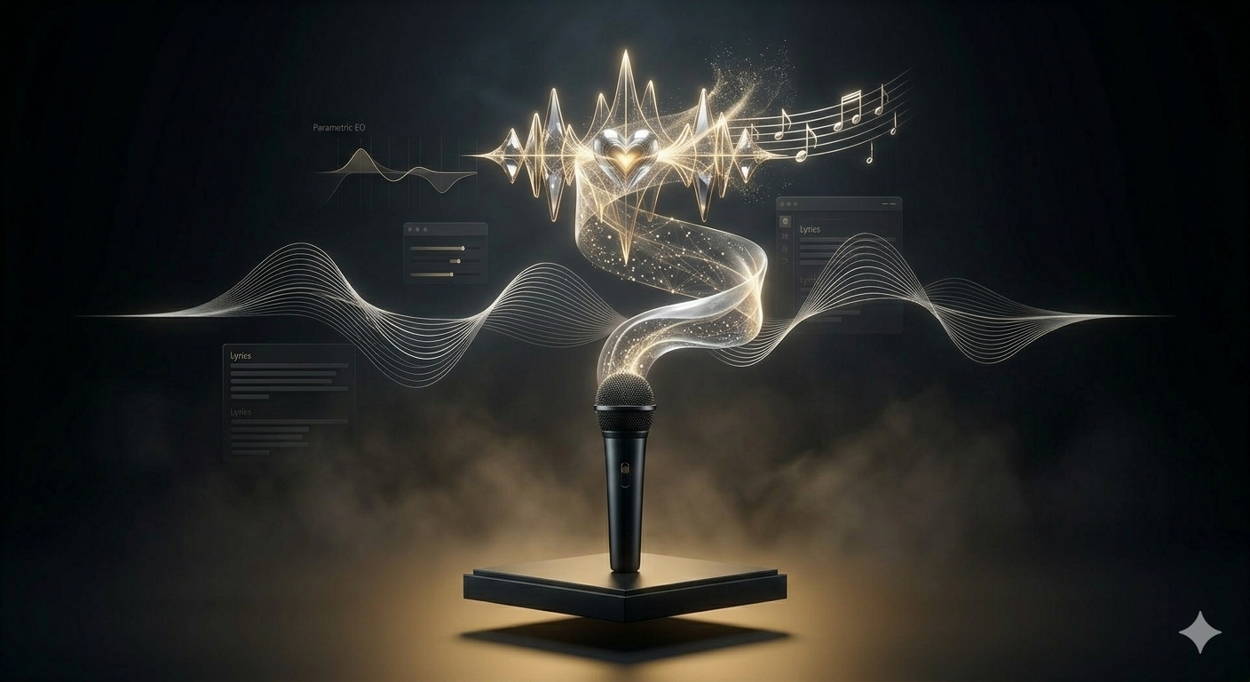 Abstract luxury 3D visualization of an elegant obsidian microphone, from which a glowing platina ribbon transforms into intricate golden sound waves and musical notation, symbolizing enchanted AI vocal effects.