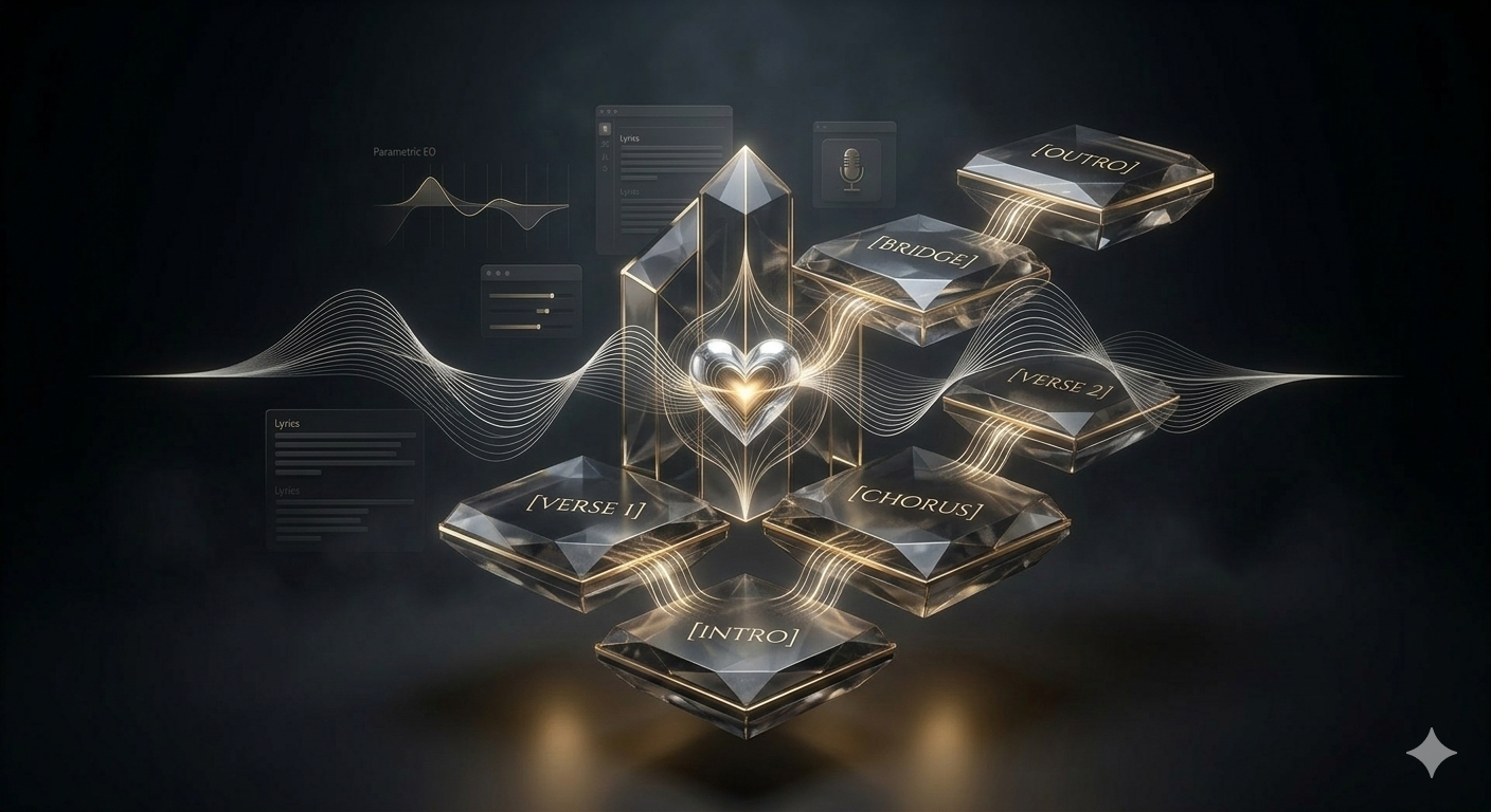 Abstract luxury 3D visualization of modular crystalline platforms representing song structure components.