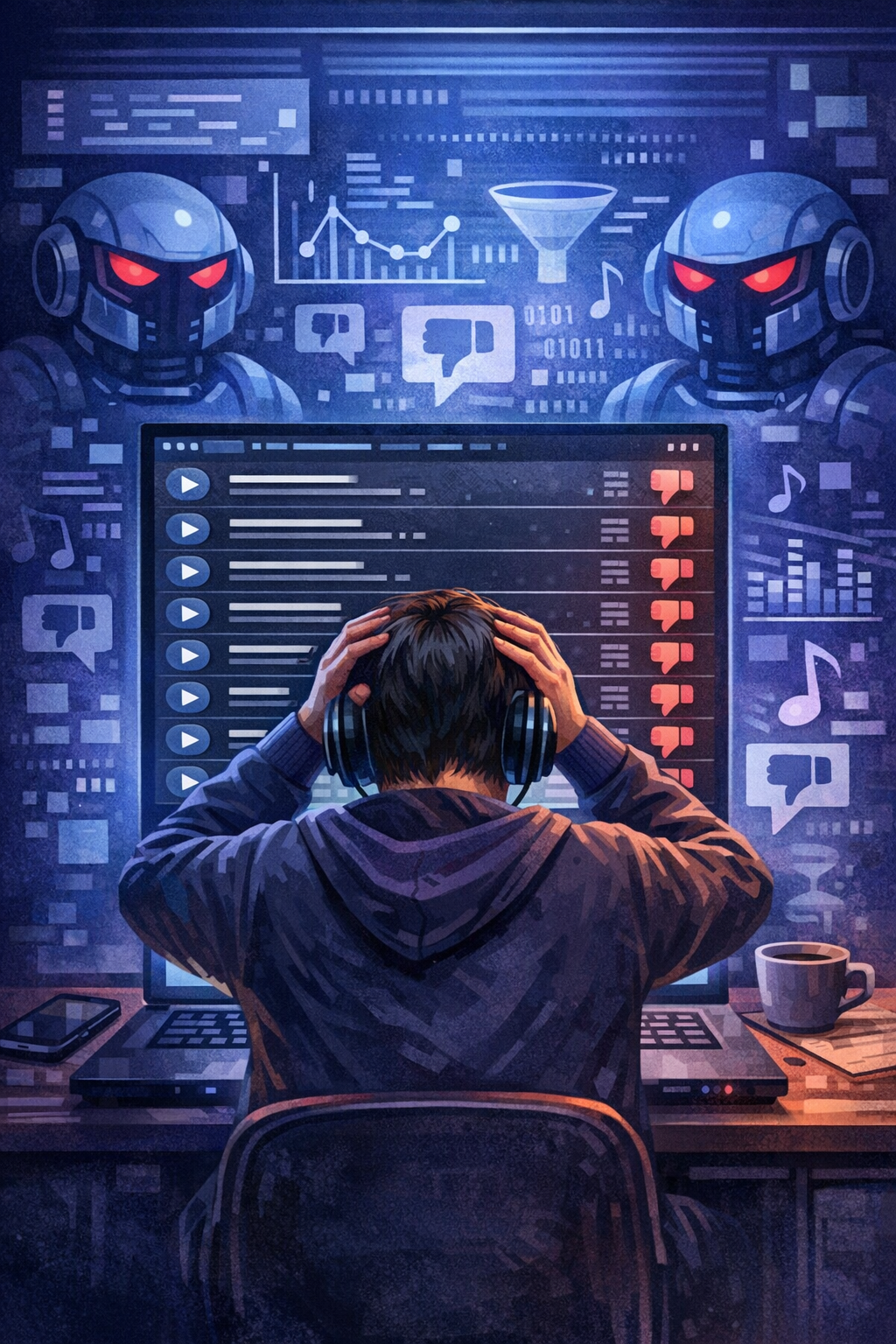 Digitale illustratie van een jonge man overweldigd door algoritme-gedreven muziekafspeellijsten, omringd door robotachtige figuren en zwevende datasymbolen