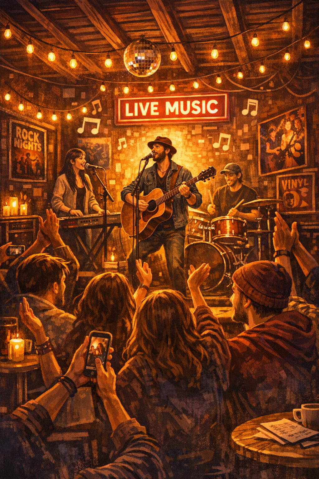 Live muziekoptreden in een gezellige zaal met enthousiaste fans