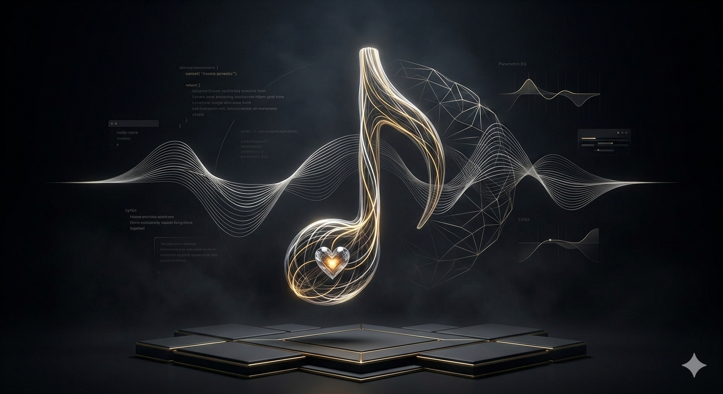 Abstract luxury 3D visualization of a golden musical note intertwined with AI neural networks, symbolizing the Ultimate Suno Masterclass and emotional AI music creation.